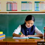 문해교육사 업무 일지 작성법 - A professional Thai classroom scene showing a female teacher organizing colorful lesson plans, stude...