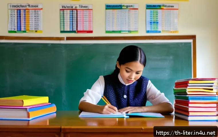 문해교육사 업무 일지 작성법 - A professional Thai classroom scene showing a female teacher organizing colorful lesson plans, stude...