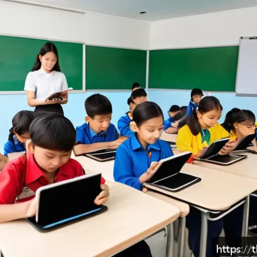 문해교육사와 학습 계획 수립법 - A modern classroom scene in a Thai elementary school where a diverse group of children wearing casua...