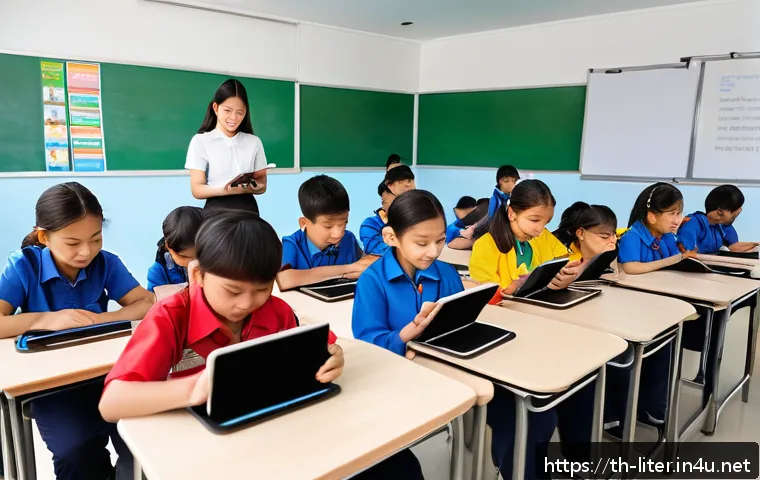 문해교육사와 학습 계획 수립법 - A modern classroom scene in a Thai elementary school where a diverse group of children wearing casua...