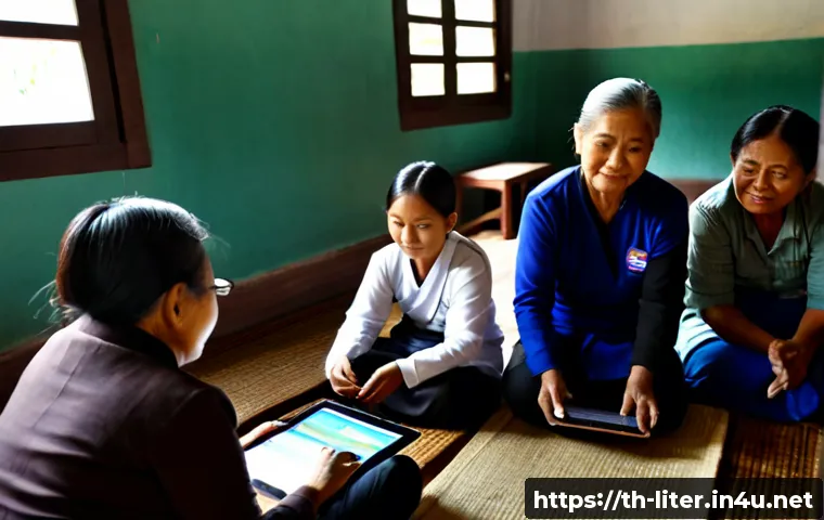 Home 28 문해교육사와 교육 기술 혁신 사례 - Photorealistic adult literacy educator in a welcoming Thai community learning center, gently guiding...