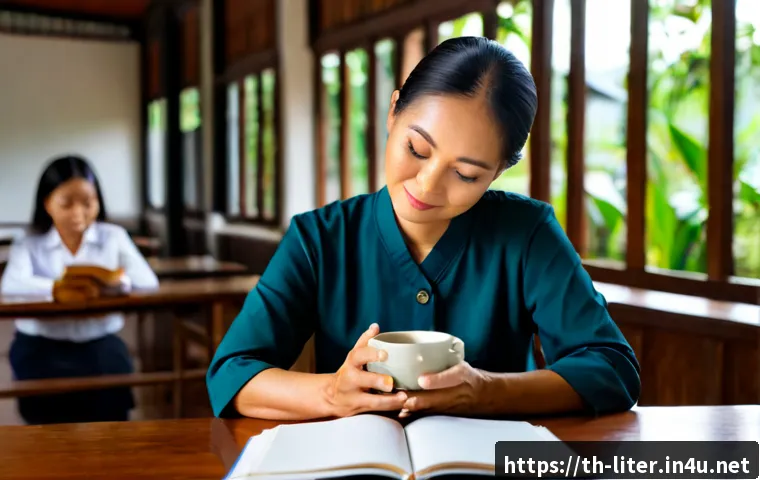 Home 30 문해교육사 직무 스트레스 관리 - Photorealistic Thai adult literacy educator taking a mindful break at a quiet community learning cen...