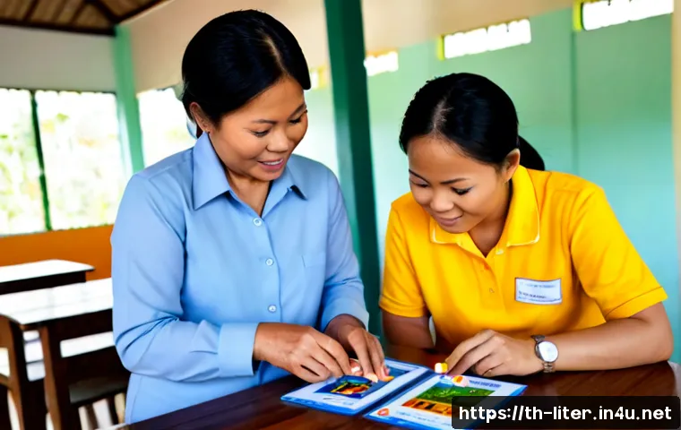 Home 29 문해교육사와 학습 평가 모형 - Photorealistic adult literacy educator in a bright community learning center in Thailand, warmly gui...