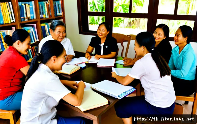 Home 17 문해교육사 커뮤니티 네트워킹 - Photorealistic community networking workshop in a bright Thai public library, adult literacy educato...